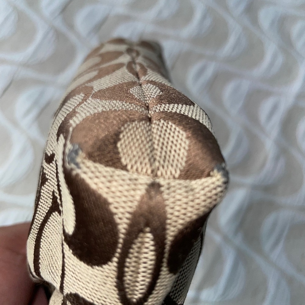 Coach Signature C Jacquard Wristlet Pouch Brown Khaki Leather Trim Y2K Zip - Picture 8 of 9